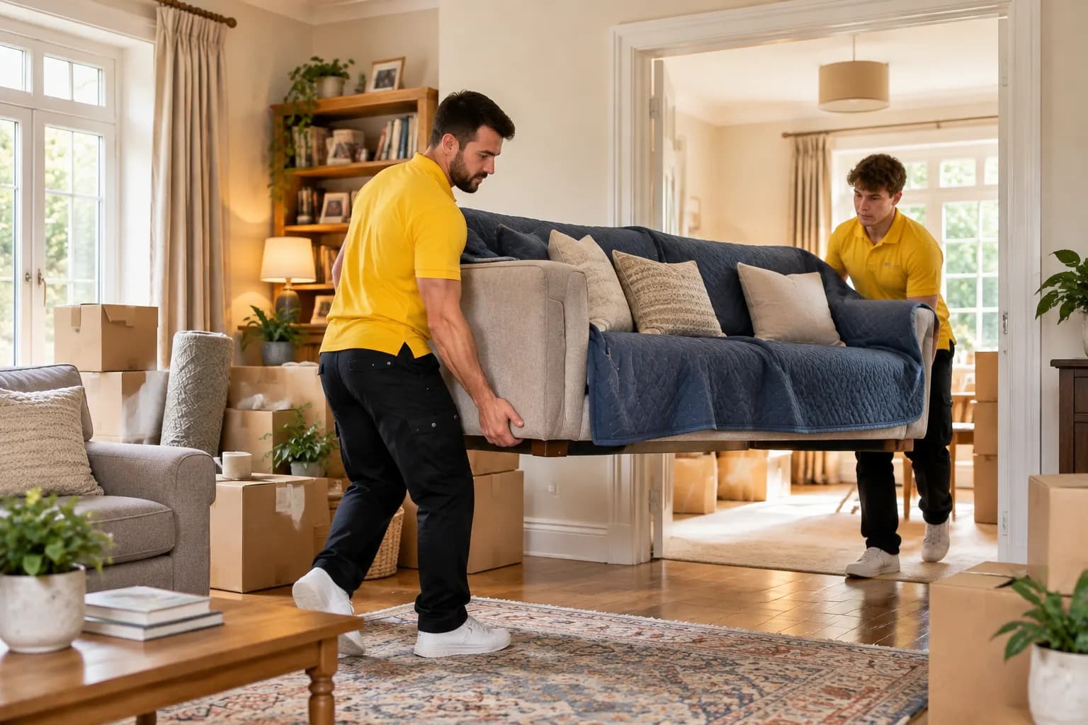 Professional movers carefully protecting furniture during a home move